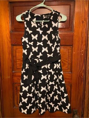 Charlies Black Dress with White Butterfly Print and Waist Tie